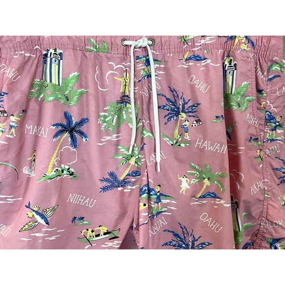 J.Crew Swim Trunk Board Shorts Pink Hawaiian Pattern Mesh Lining Pockets Mens XL - Picture 3 of 9